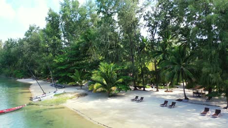 Sonnenliegen-Am-Leeren-Sandstrand-Im-Schatten-Der-Hohen-Immergrünen-Exotischen-Bäume