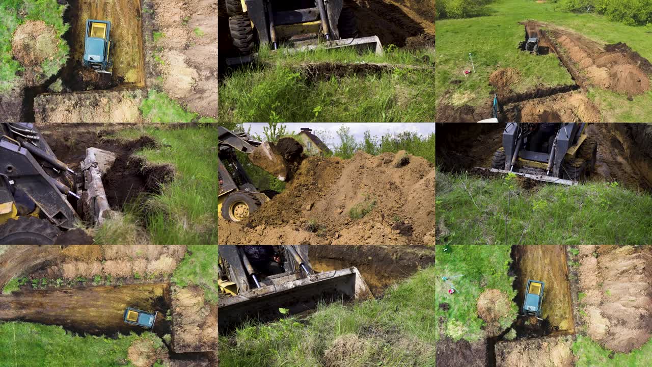 콜라지 3x3 발굴기 녹색 잔디를 가진 에서 토양을 파기