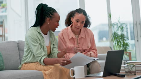 Lgbt-couple,-paper-and-laptop-at-home-for-budget