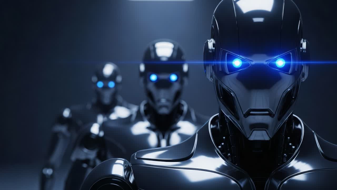 Futuristic Robots in Formation: A Stunning Visual Representation of Advanced Technology and Artificial Intelligence with Striking Blue Eyes in a Dark Environment