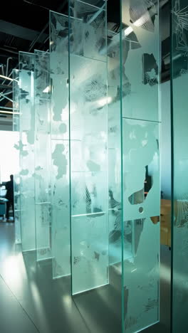 modern interior with translucent glass panels and etched designs