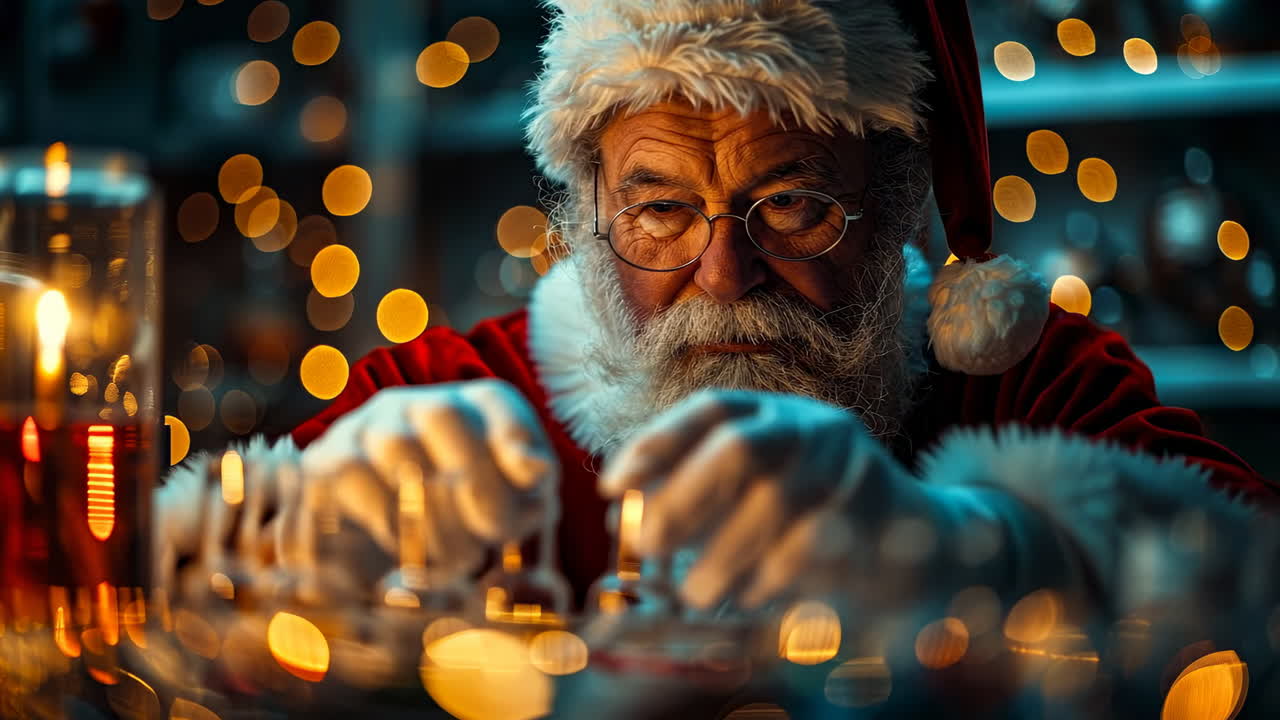 Santa prepares gifts in a cozy workshop. Santa Claus carefully arranges gifts in a warm workshop filled with holiday lights and cheer during the festive season