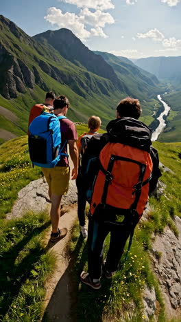 group of hikers descending a mountain trail with a scenic valley view