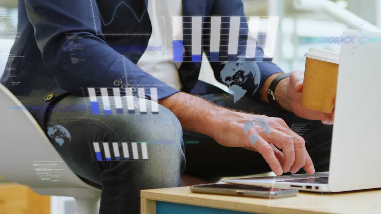 Animação de processamento de dados estatísticos sobre um empresário usando laptop no escritório