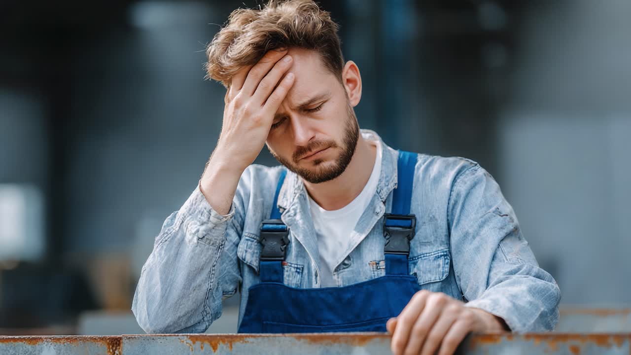 A man in blue overalls expresses distress with a hand on his forehead, conveying a sense of frustration and contemplation in a dimly lit workshop environment