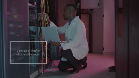 animation of ai text and male african american it engineer and computer servers