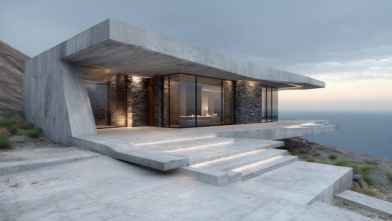 A Stunning Modern Concrete Residence Overlooking Serene Landscapes with Panoramic Views and Unique Architectural Design, Blending Luxury with Nature's Beauty
