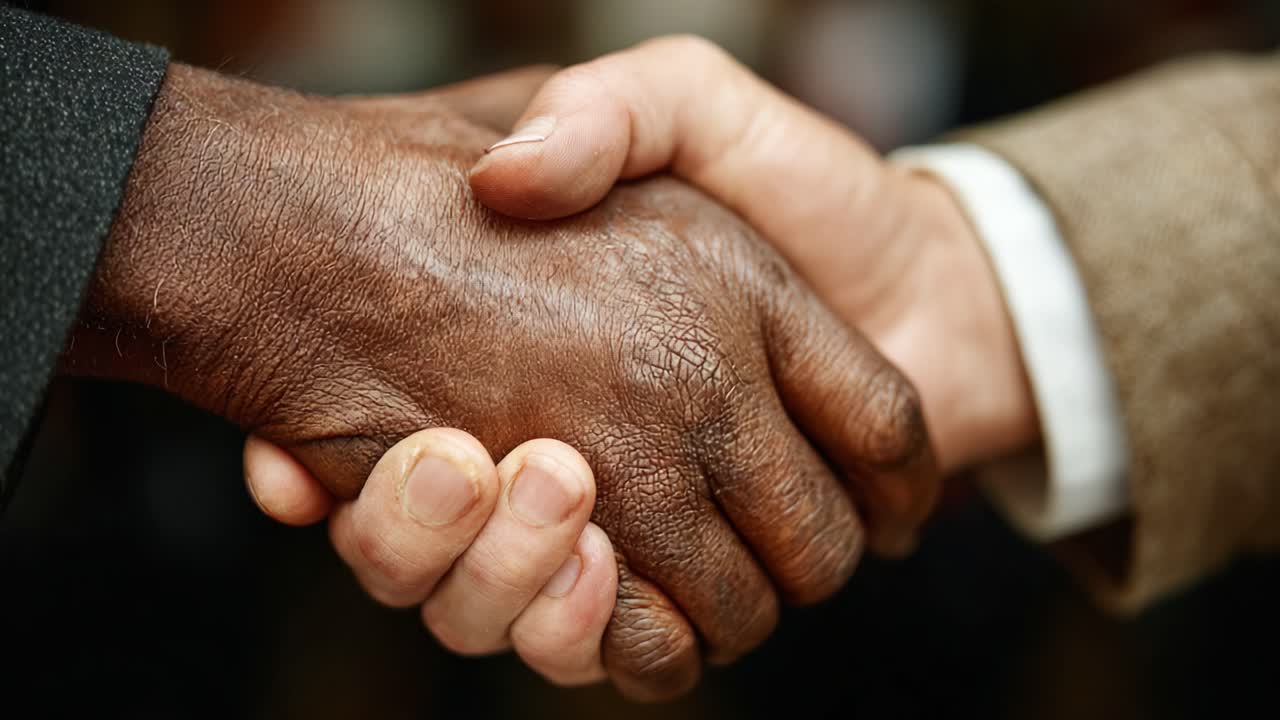 A Powerful Symbol of Unity and Cooperation: Two Hands Shaking in Agreement Reflecting Trust, Partnership, and Collaboration Across Diverse Backgrounds