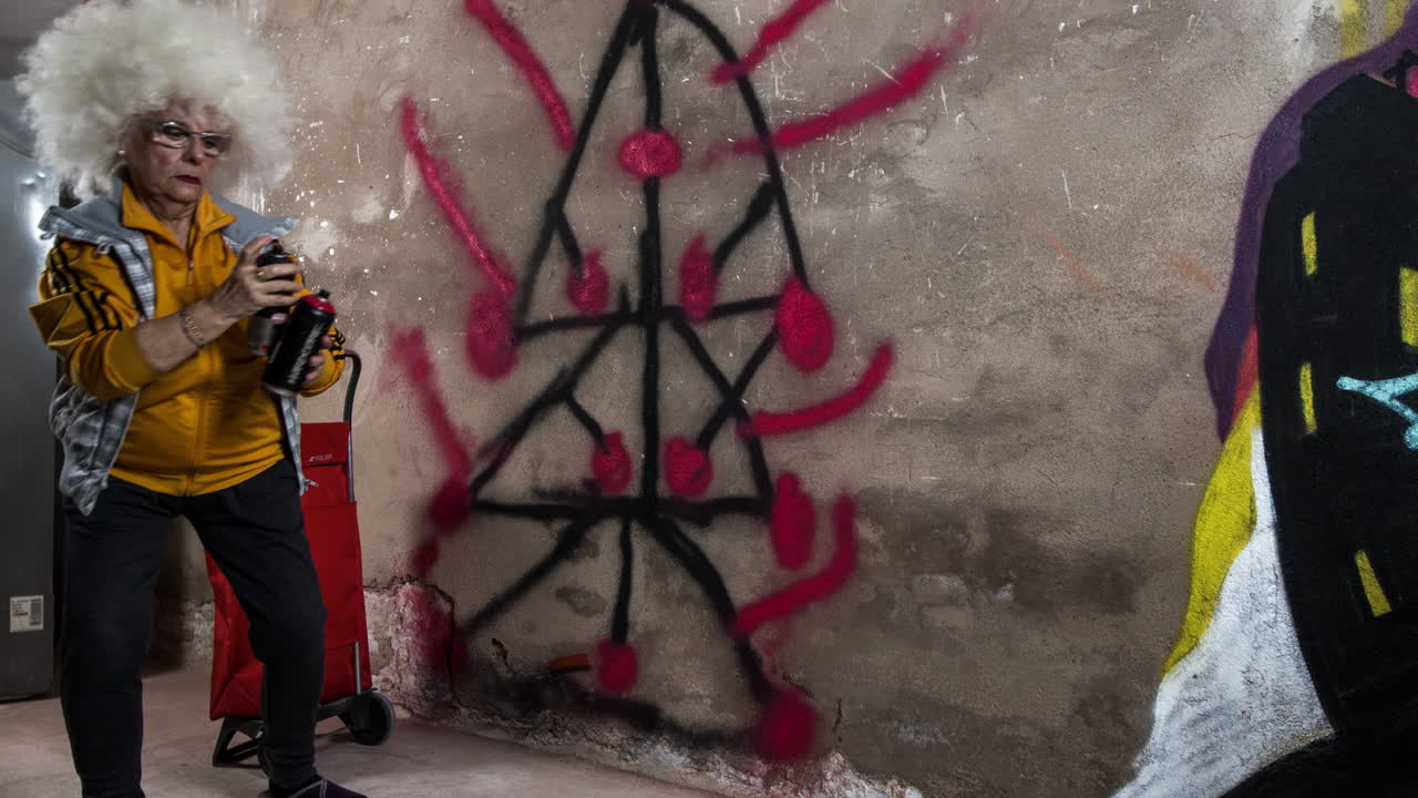 도시 벽 에 대항 하는 반역적 인 할머니 그래피티 예술가