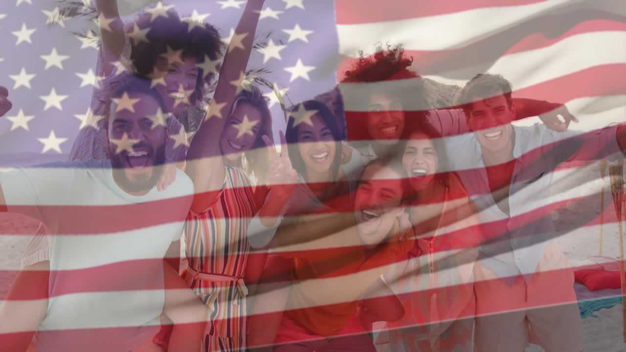 Celebrating on beach, friends holding American flag with animation overlay