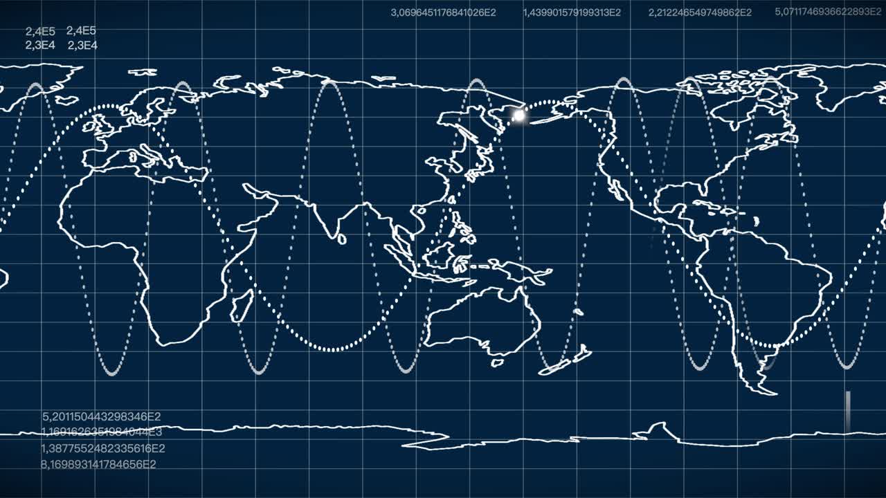 mapa mundial digital, en cuadrícula con trayectorias de satélites y datos numéricos, navegación y seguimiento globales