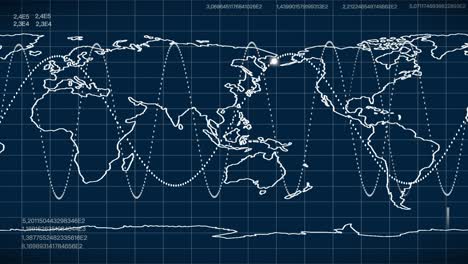 digital, gridded world map with satellite trajectories and numerical data, global navigation and tracking