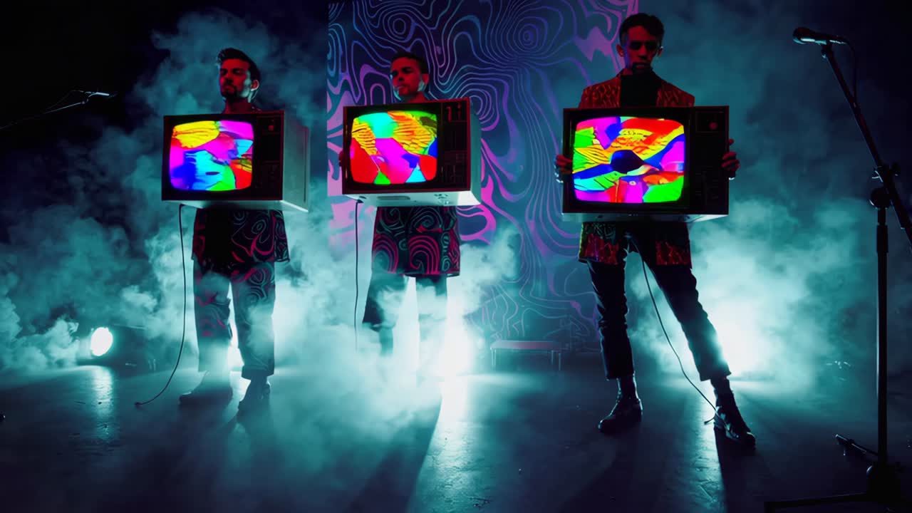 banda tocando con televisores antiguos