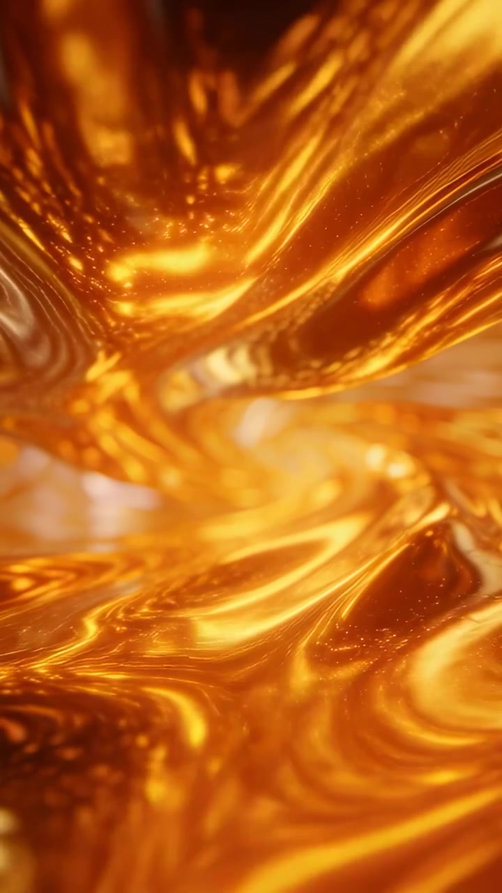 Vertical video: Swirling gold fluid folding in macro, internal flow and camera push showing glints