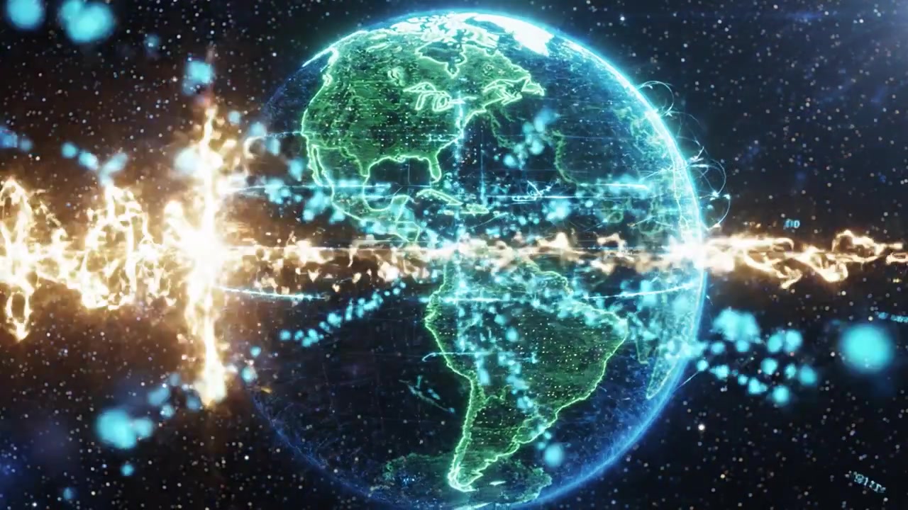 Uma Representação Dinâmica da Terra em um Universo Digital, Destacando a Conexão Entre Continentes Através de Pulsos de Energia e Informações Fluindo em Todas as Direções