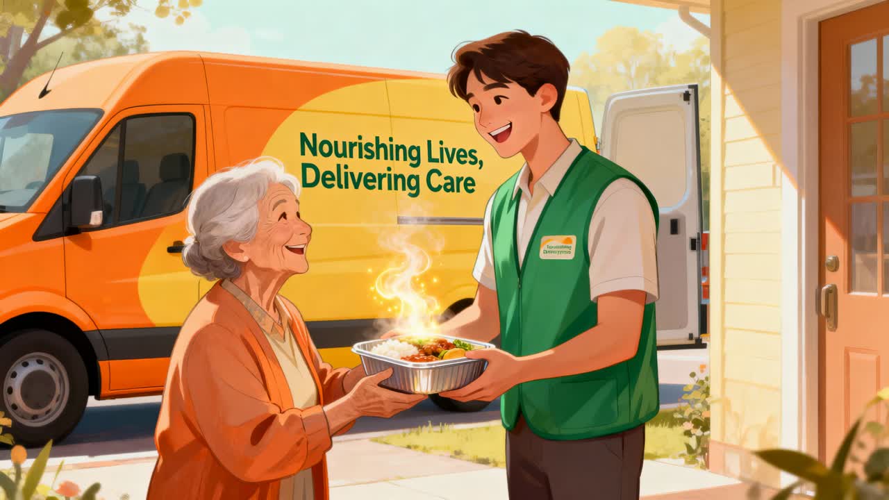 Van pulling up, green-vested worker handing steaming tray to senior on home porch, providing meal