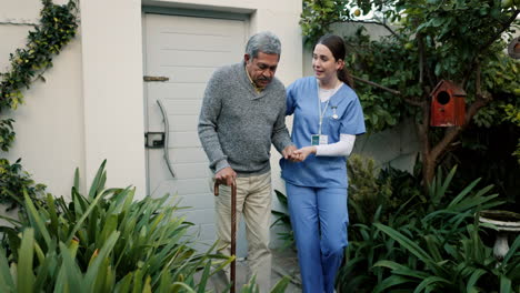 old man, nurse and helping hand to walk