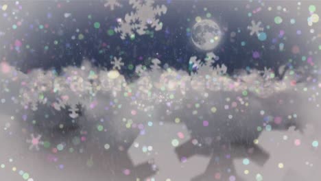 Animation-of-snowflakes-and-colorful-light-spots-against-clouds-in-the-sky