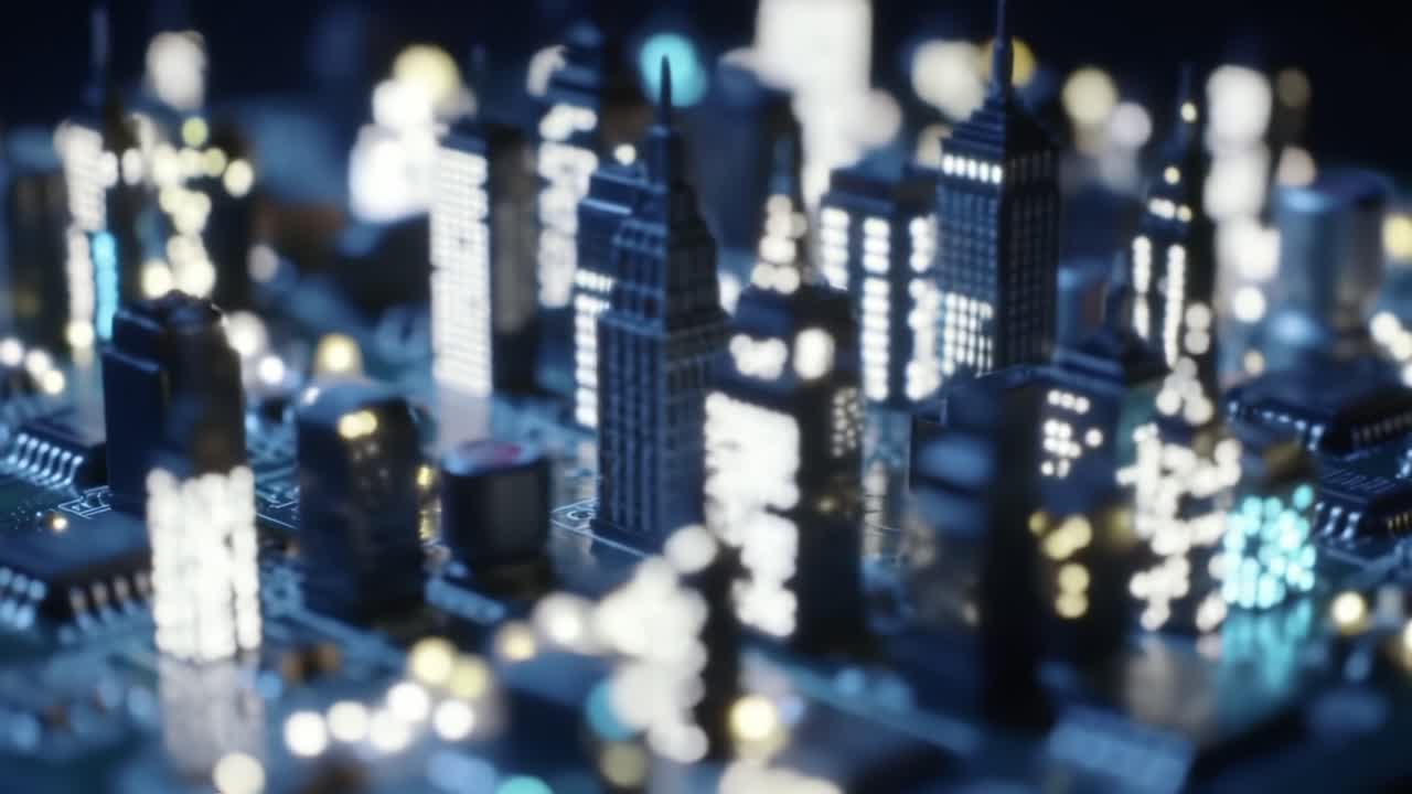 A Stunning Visualization of a Futuristic Cityscape on a Circuit Board, Blending Technology and Urban Architecture in a Captivating Display of Light and Structure