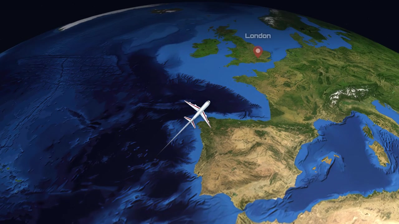 Satellite view animation follows a commercial airplane flying from Sao Paulo to London across Earth