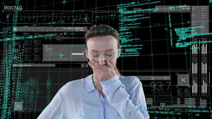 Animation der Datenverarbeitung über einer kaukasischen Geschäftsfrau auf schwarzem Hintergrund.