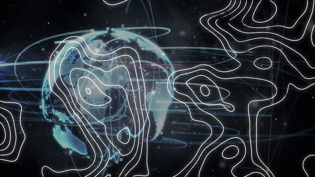 Animation of white topographical map and turning globe on black background