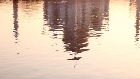 Taj-Mahal-Spiegelt-Sich-Im-Wasser-Des-Flusses-Yamuna-Bei-Sonnenuntergang-In-Der-Stadt-Agra-In-Indien