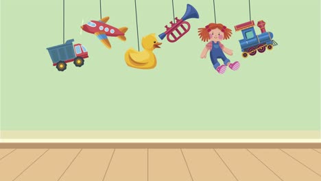 habitación de niños con juguetes colgantes