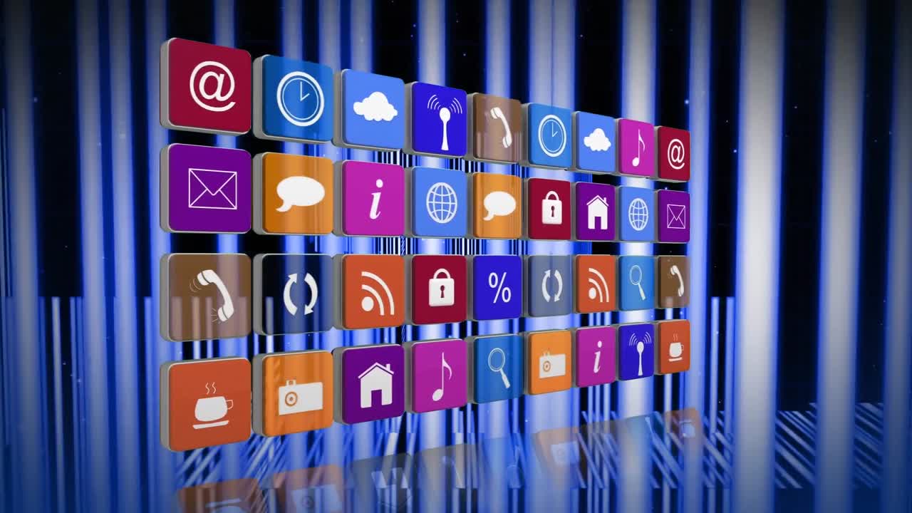 Icone di Internet su uno sfondo riempito di codici a barre