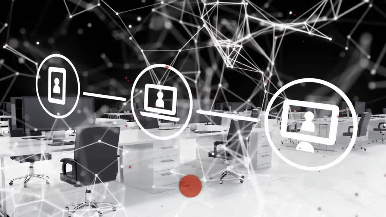 анимация медиа-икон и коммуникационной сети над стульями и столами в пустом офисе