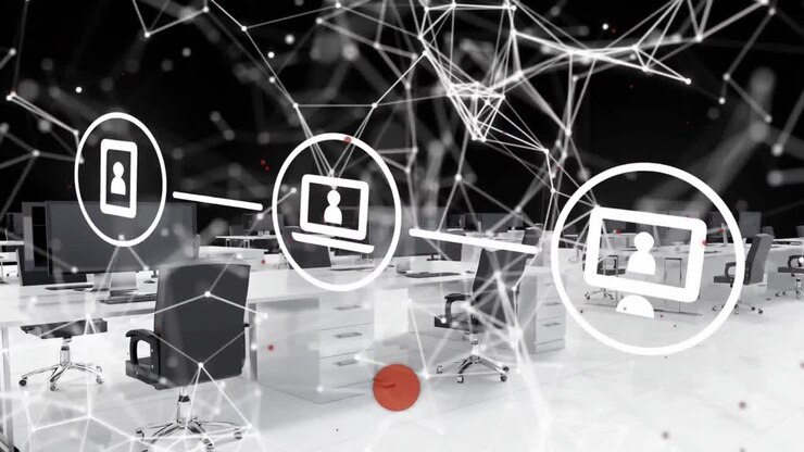 Animation of media icons and communication network over chairs and tables in empty office