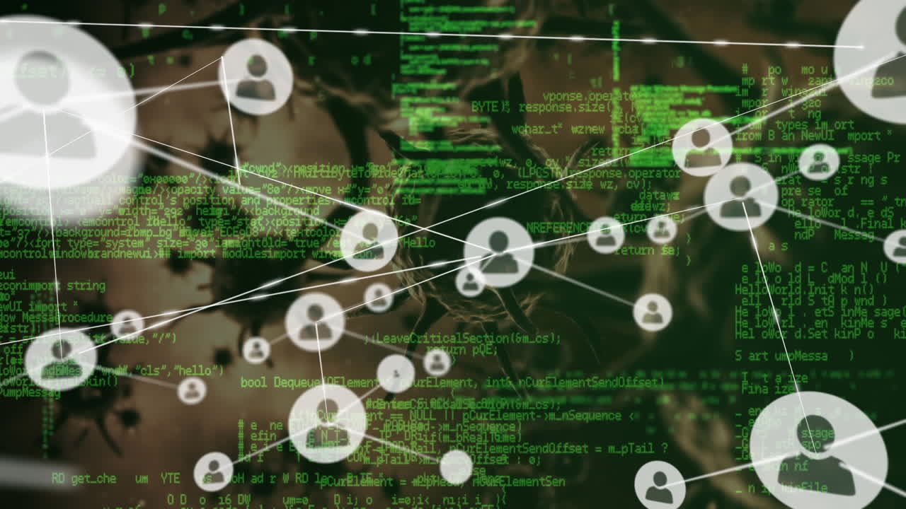 red de iconos de perfil y procesamiento de datos contra múltiples células de covid-19 en fondo negro