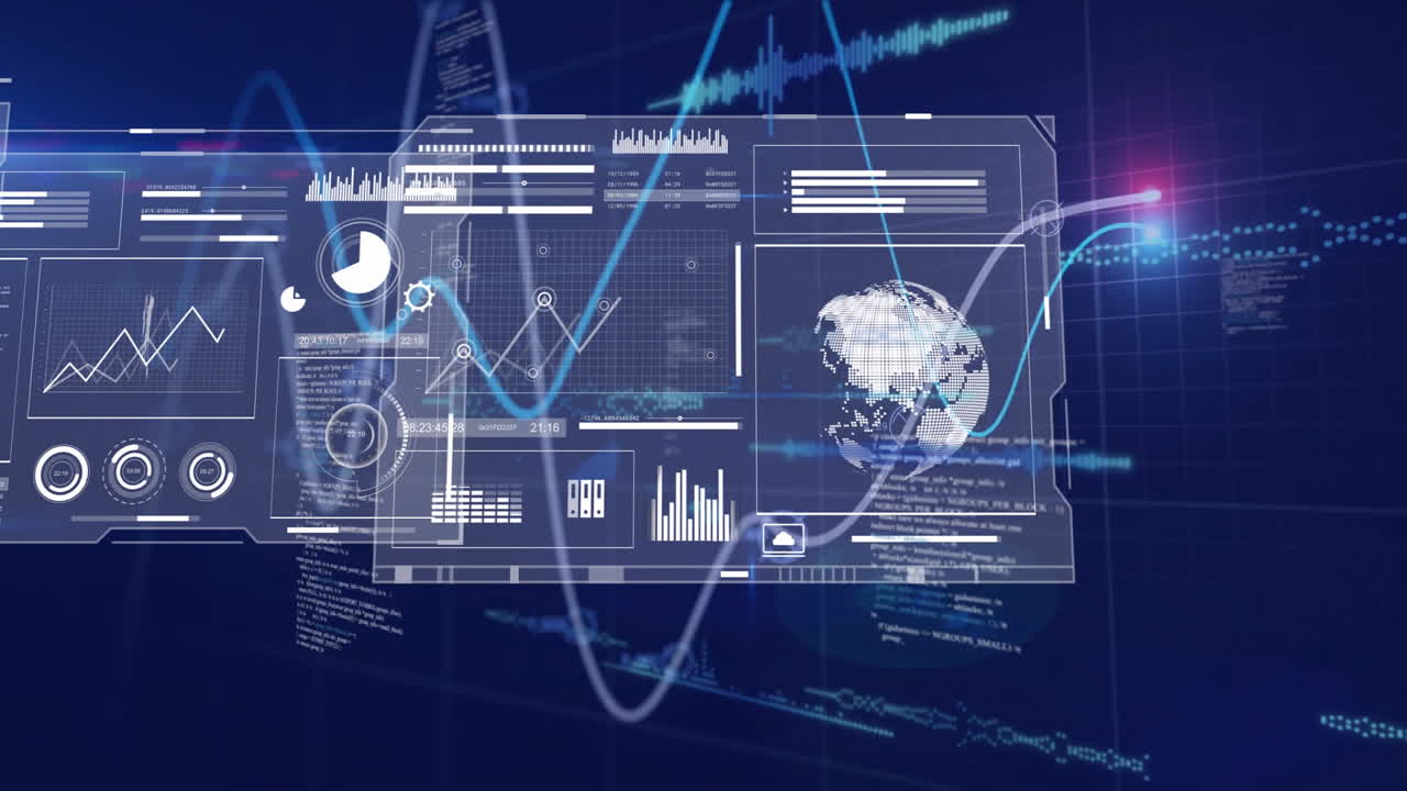 Flat design dashboard animating line graphs, bar charts, gauges and waveforms across interface