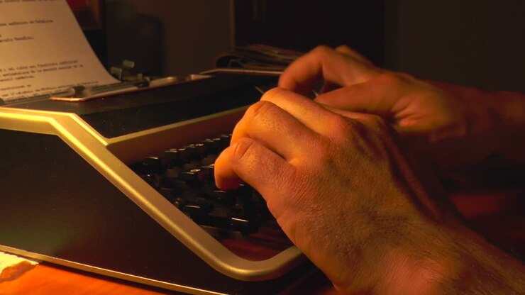 Mani di un uomo che digita su una vecchia macchina da scrivere negli anni '60 o '70.