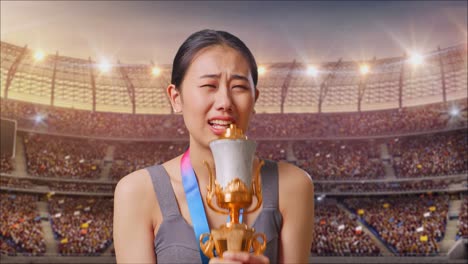 close up of asian woman with a gold medal singing on a gold trophy celebrating winning as the first winner at the stadium