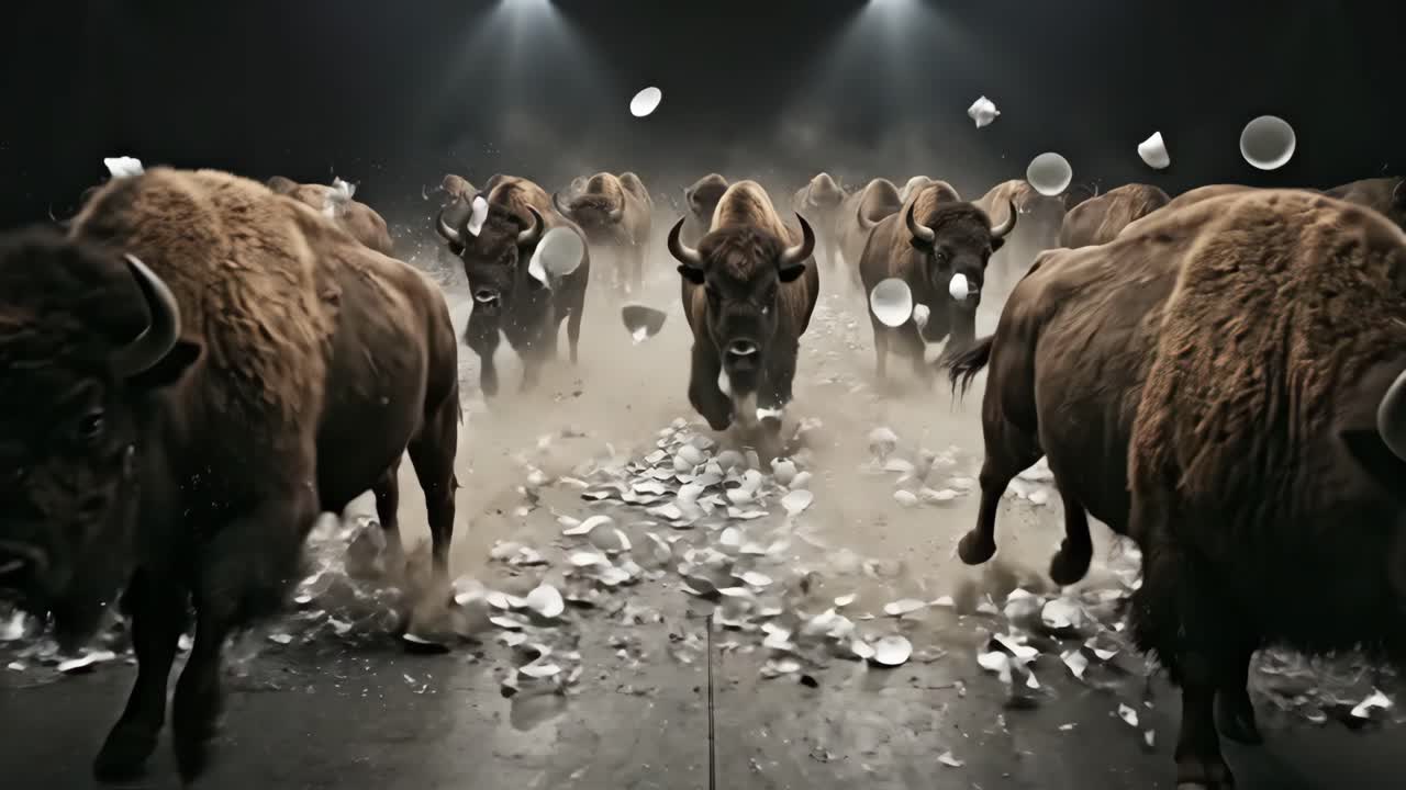Mandria di Bisonte che Corre e Rompe Tazzine in un Ambiente Studio Drammatico