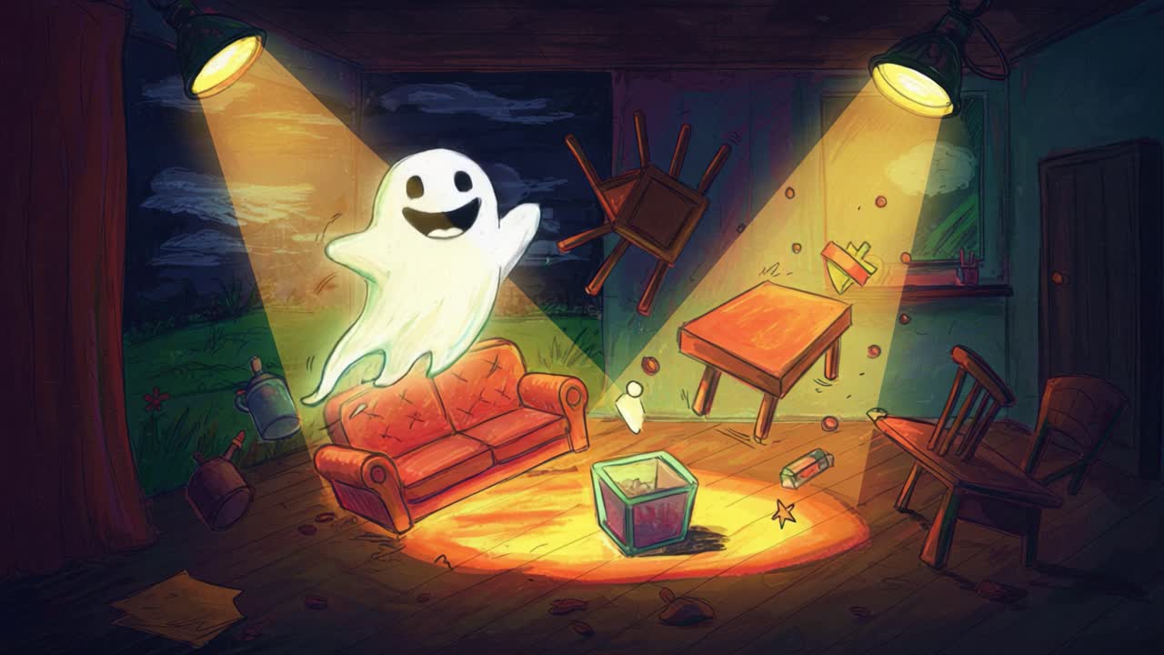 A whimsical animated scene featuring a cheerful ghost floating amidst flying furniture, illuminated by vibrant lights, creating a playful supernatural atmosphere