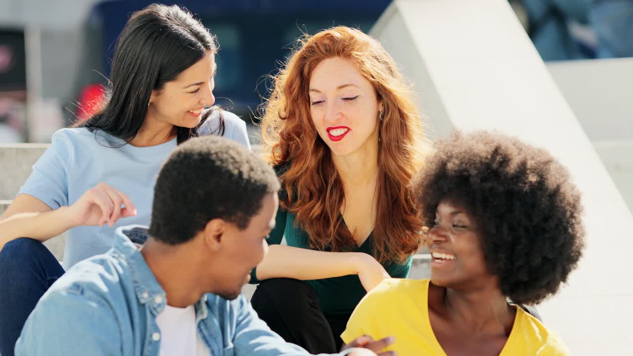 Diverse Group of Young Friends Laughing and Talking Outdoors