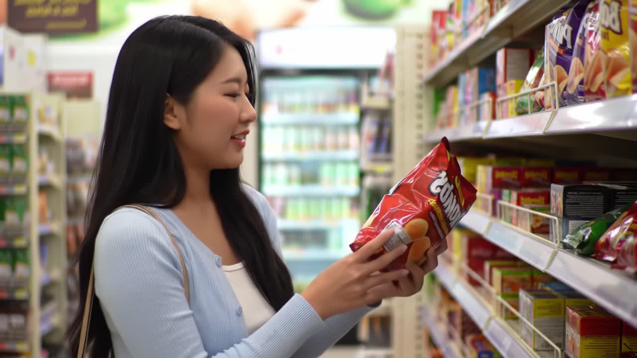 A Young Woman Examines Snack Choices in a Grocery Store Aisle, Contemplating Flavor Options While Shopping for Chips