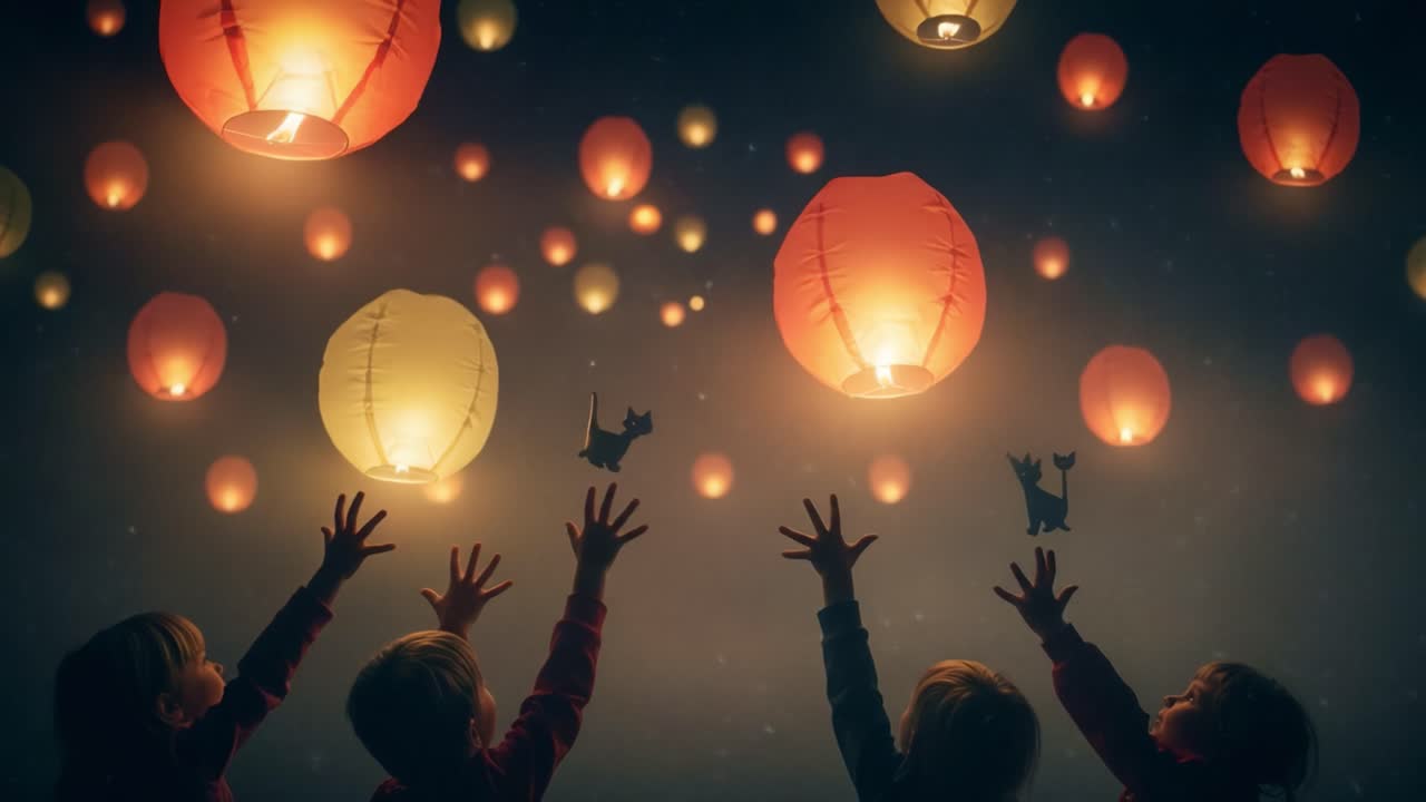 Joyful Children Reaching for Floating Lanterns in a Magical Night Sky, Capturing the Essence of Hope and Wonder Amidst Glowing Lights and Playful Shadows