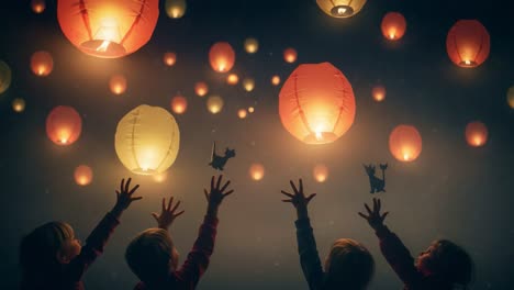 joyful children reaching for floating lanterns in a magical night sky, capturing the essence of hope and wonder amidst glowing lights and playful shadows
