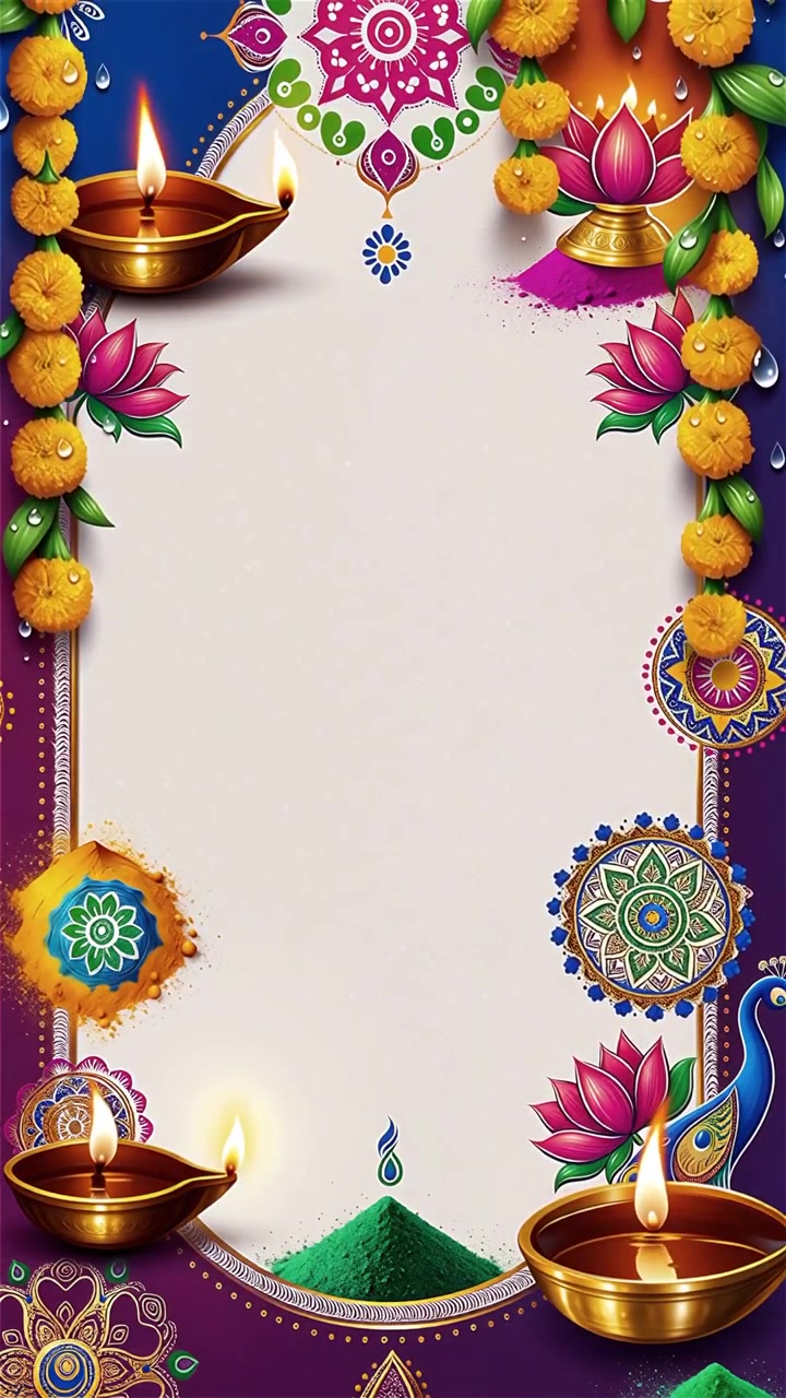 Sfondo Diwali con Diyas luminosi, Rangoli e fiori di loto