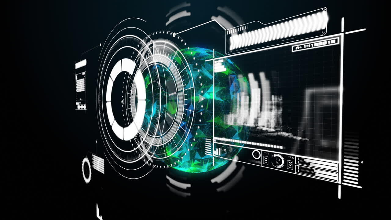 Digital interface with data processing over spinning globe.