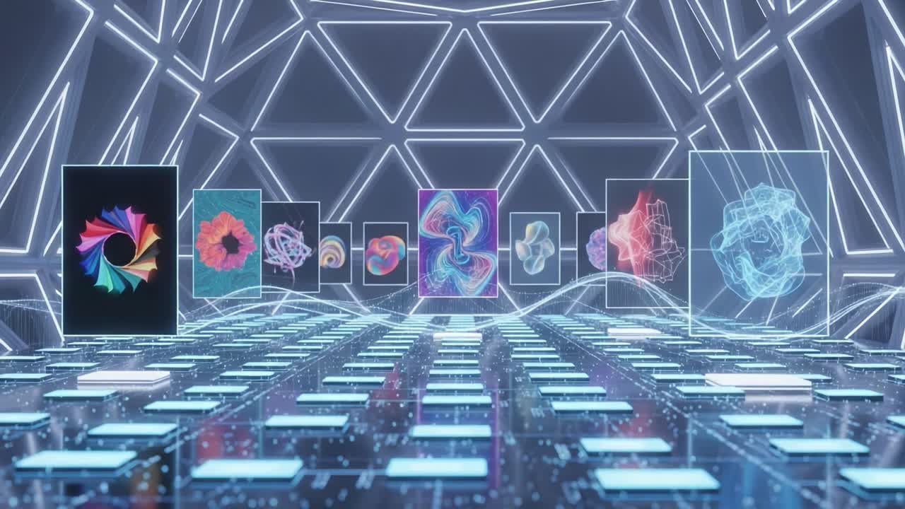 A Stunning Display of Abstract Digital Art and Geometric Patterns in a High-Tech Environment Featuring Vibrant Colors and Futuristic Geometry