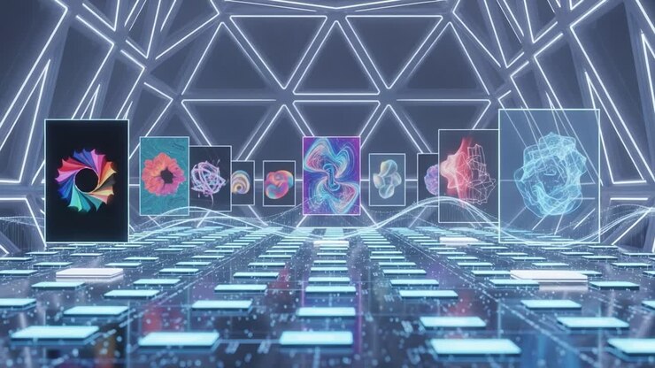 Una spettacolare esposizione di arte digitale astratta e motivi geometrici in un ambiente high-tech, caratterizzata da colori vivaci e geometria futuristica.