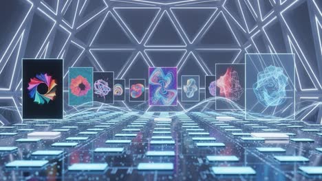 a stunning display of abstract digital art and geometric patterns in a high-tech environment featuring vibrant colors and futuristic geometry
