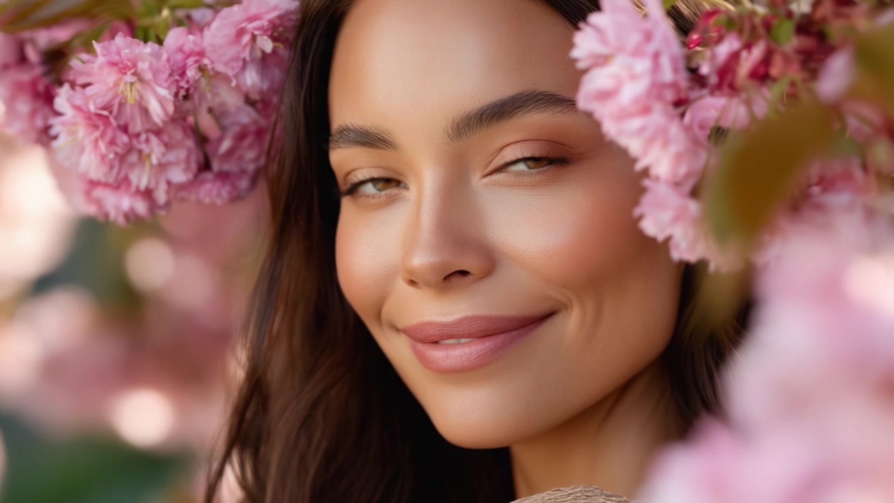 Una bella giovane donna circondata da delicati fiori rosa, che irradia gioia e serenità in un ambiente floreale primaverile, catturando un momento di eleganza e bellezza naturale.