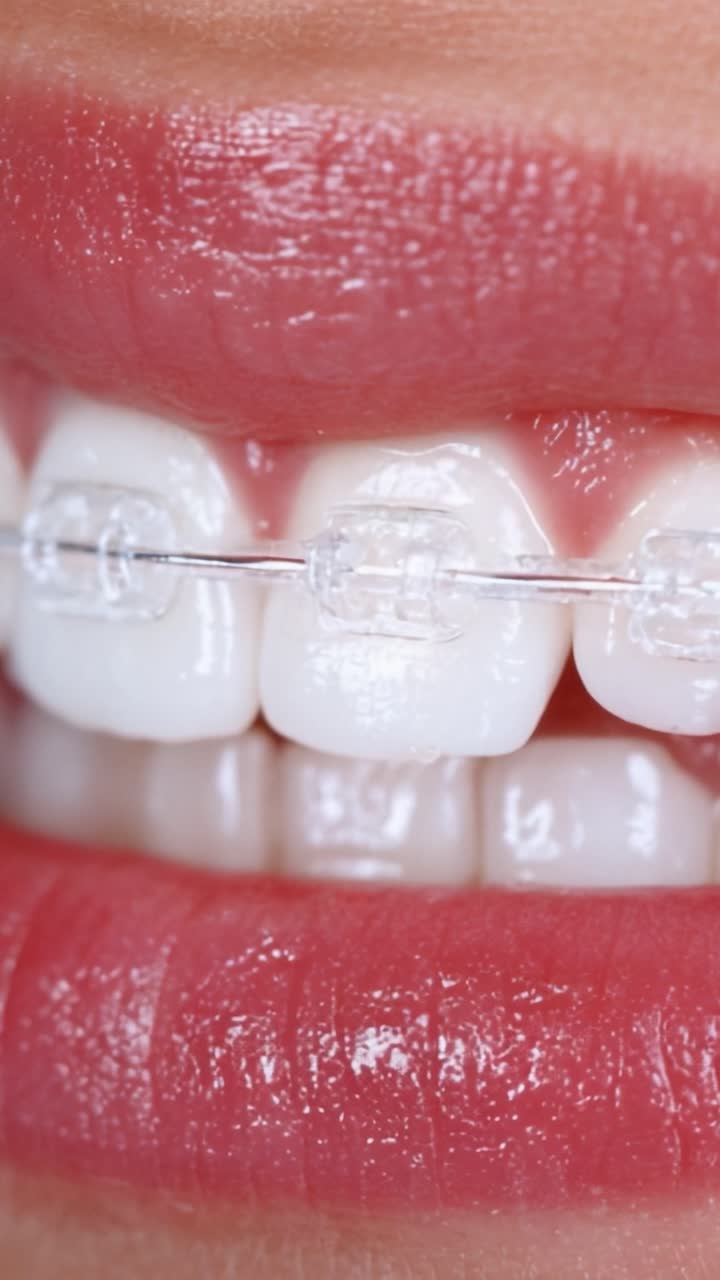 Close-Up of a Beautiful Smile Featuring Clear Braces on Teeth, Highlighting Orthodontic Treatment and Enhancing Dental Aesthetics for a Confident Expectation