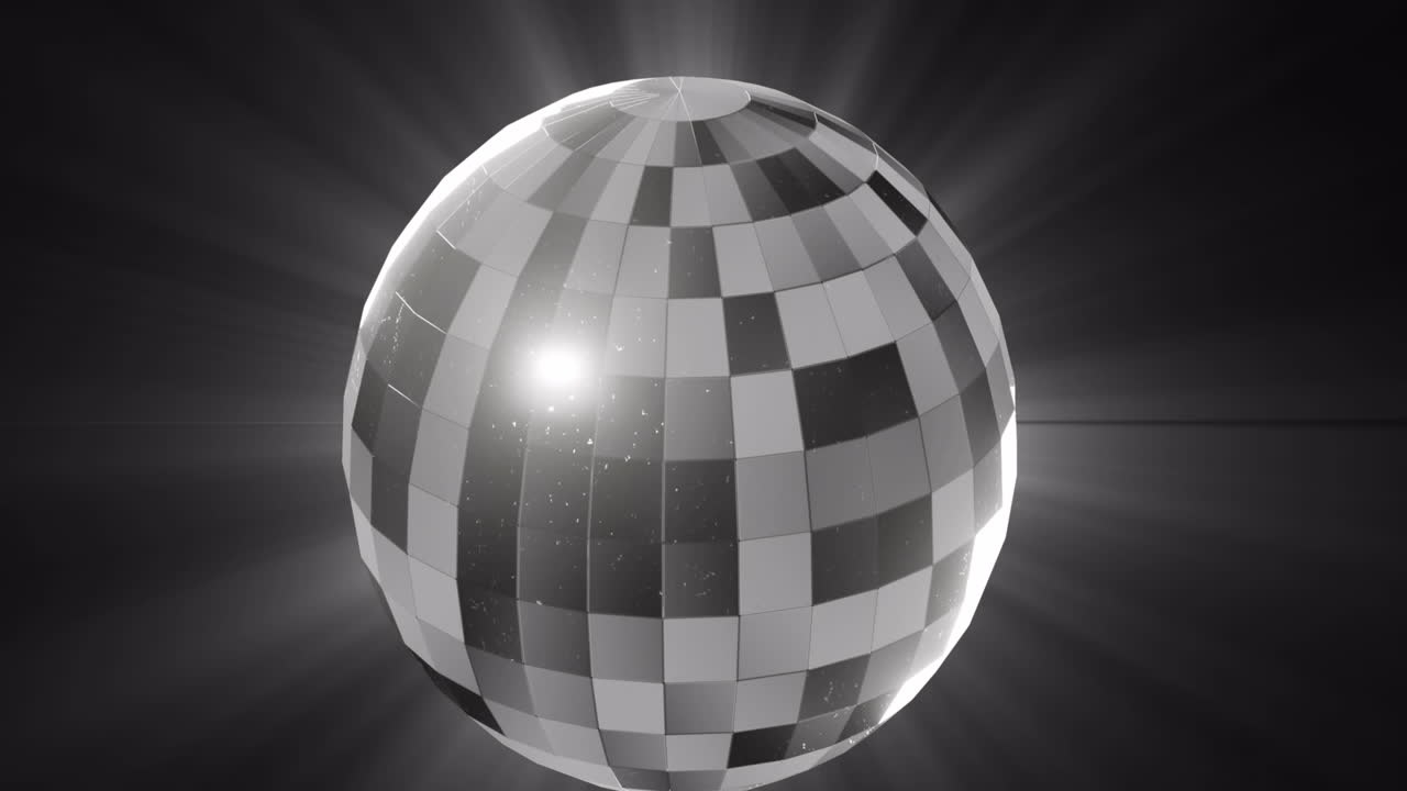 Animation of monochrome rotating mirrorball and lights on black background