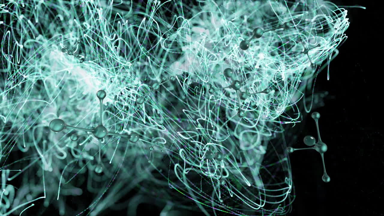 animación de moléculas y formas verdes sobre un fondo negro
